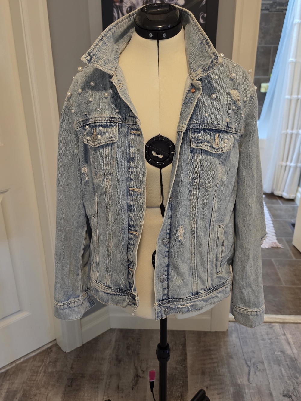 Old Navy Light Wash Distressed Denim Jacket with Pearl Stud Accents